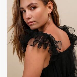 Lulus Black Mesh Tulle Tiered Ruffled Maxi Dress Womens